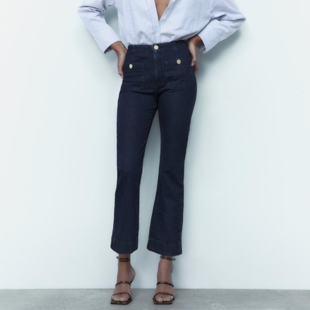 Zara High Rise Mini Flare Jeans with Gold Buttons